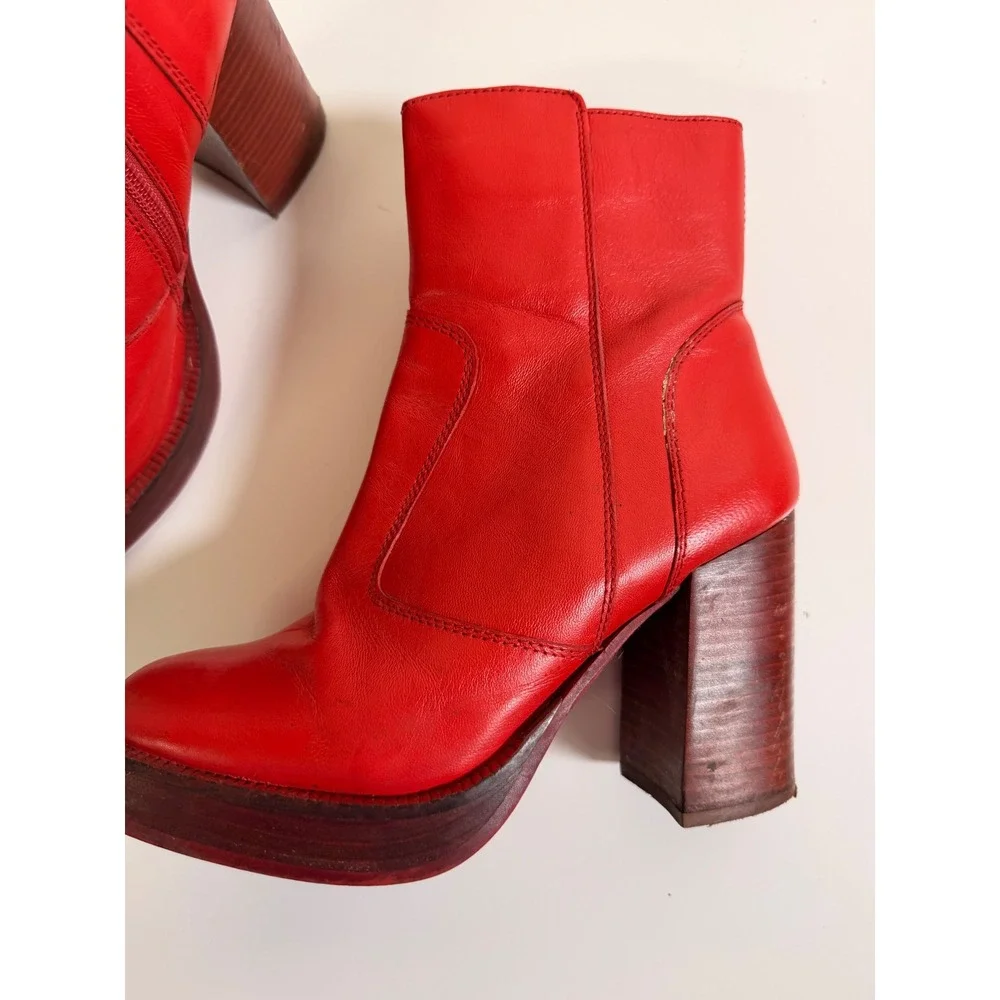 Nasty Gal Platform Ankle Boots Womens 5 Red Excellent Leather Square Toe Block‎